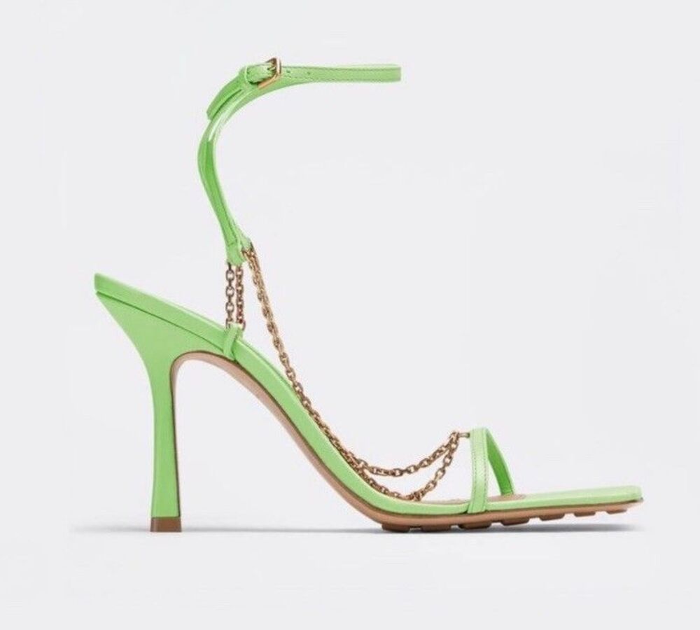 Bottega Veneta Stiletto Heels Mint Green Leather Square Toe Chain Pumps